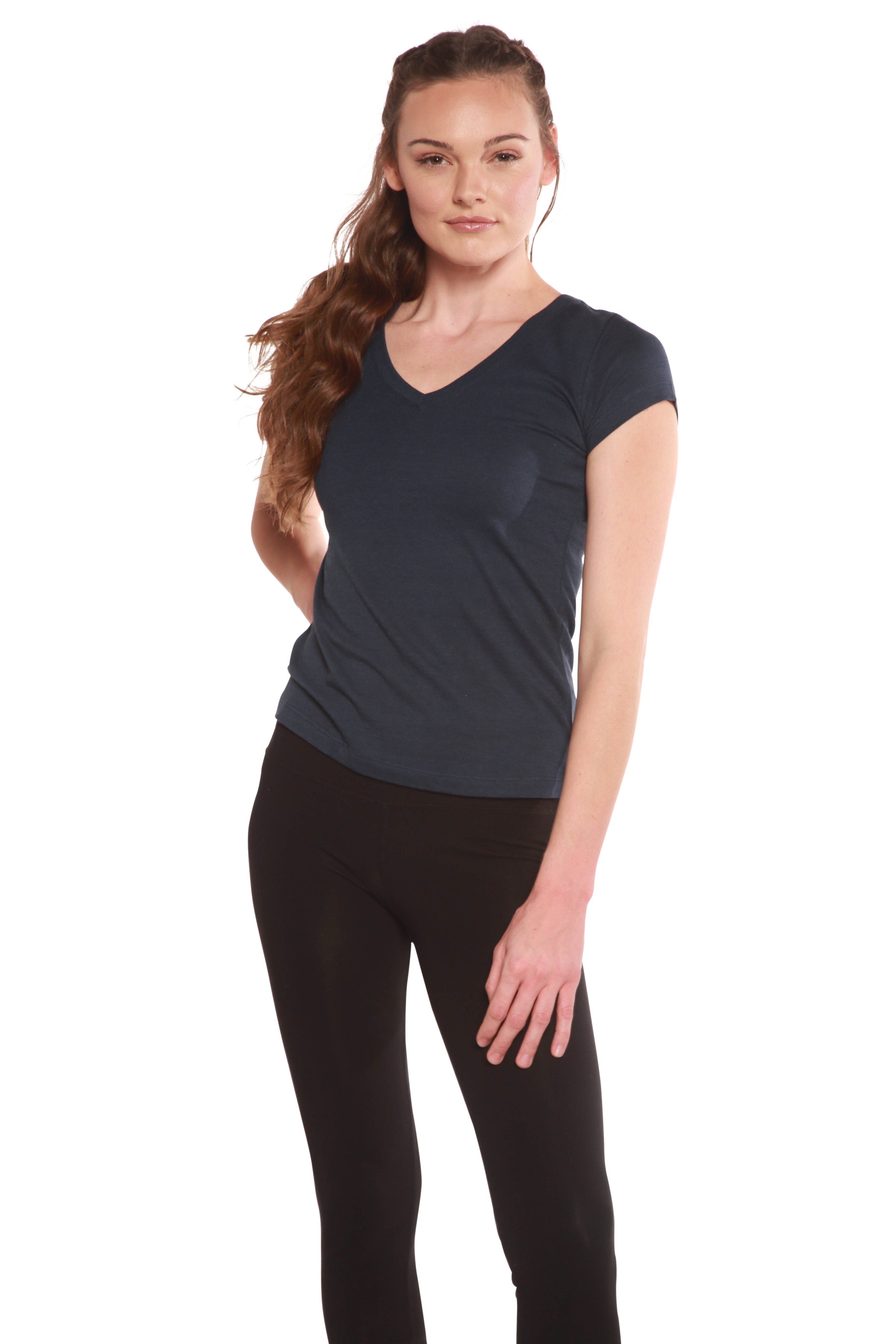 Liquidación Camiseta de bambú con cuello en V y manga corta para mujer
