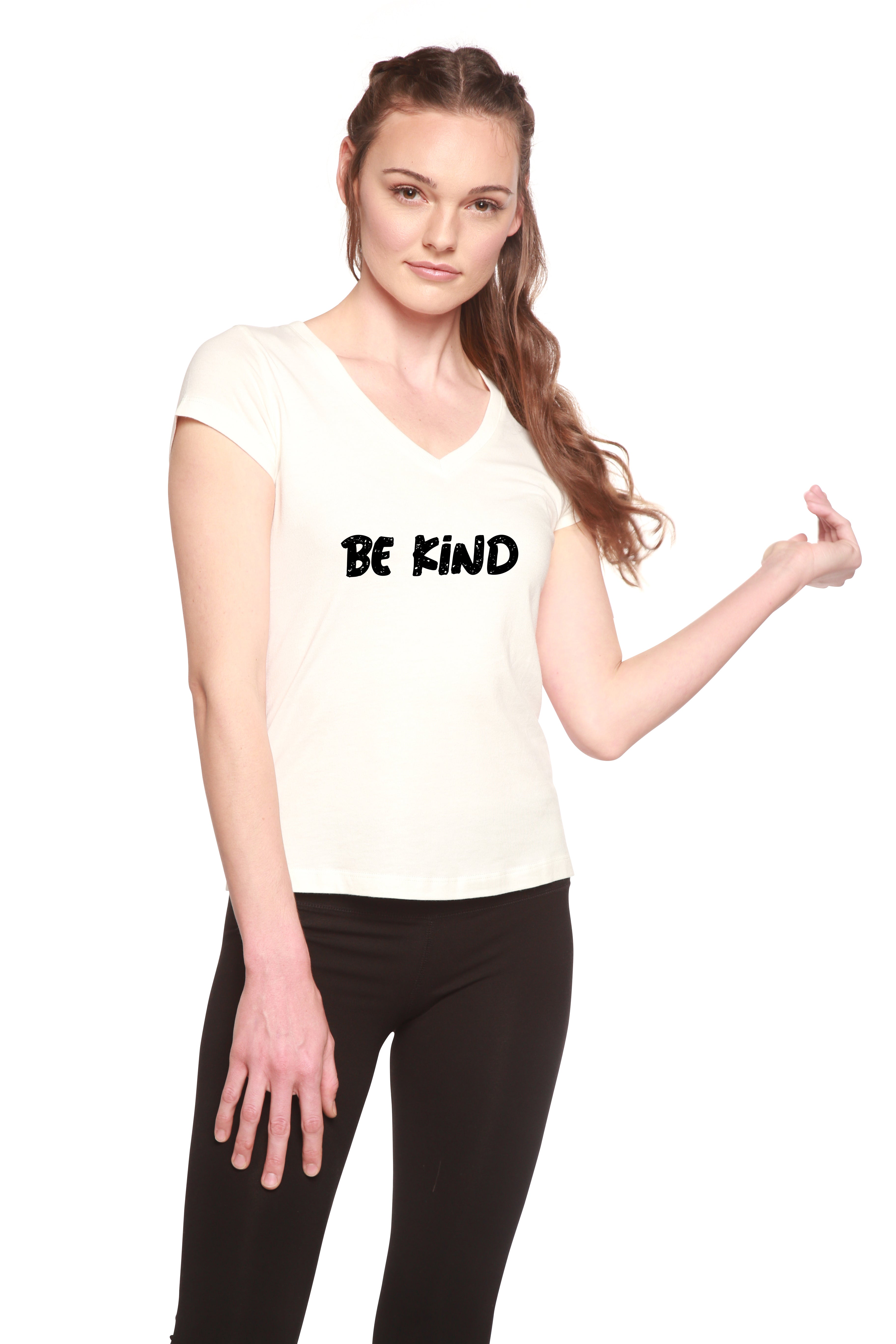 Camiseta de manga corta con cuello en V de bambú/algodón con estampado "Be Kind" para mujer