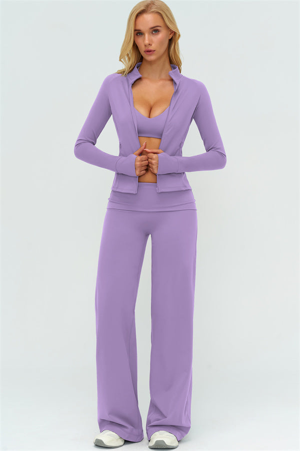 El conjunto de 3 piezas de chaqueta Twirl con cremallera, sujetador deportivo y pantalón de pierna recta