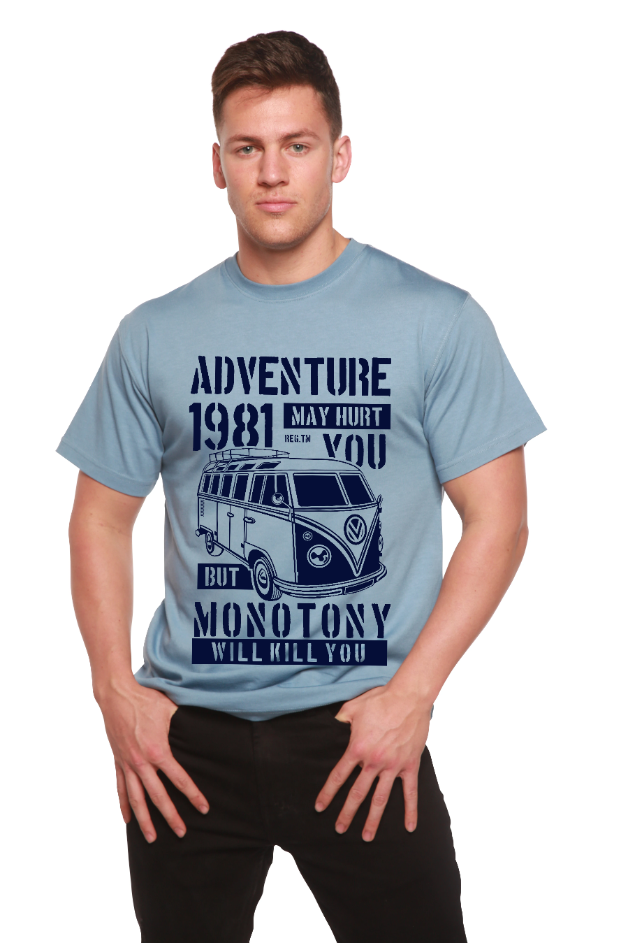 Camiseta gráfica de manga corta de viscosa de bambú/algodón orgánico para hombre Adventure 1981