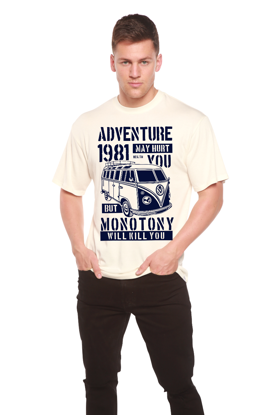 Camiseta gráfica de manga corta de viscosa de bambú/algodón orgánico para hombre Adventure 1981