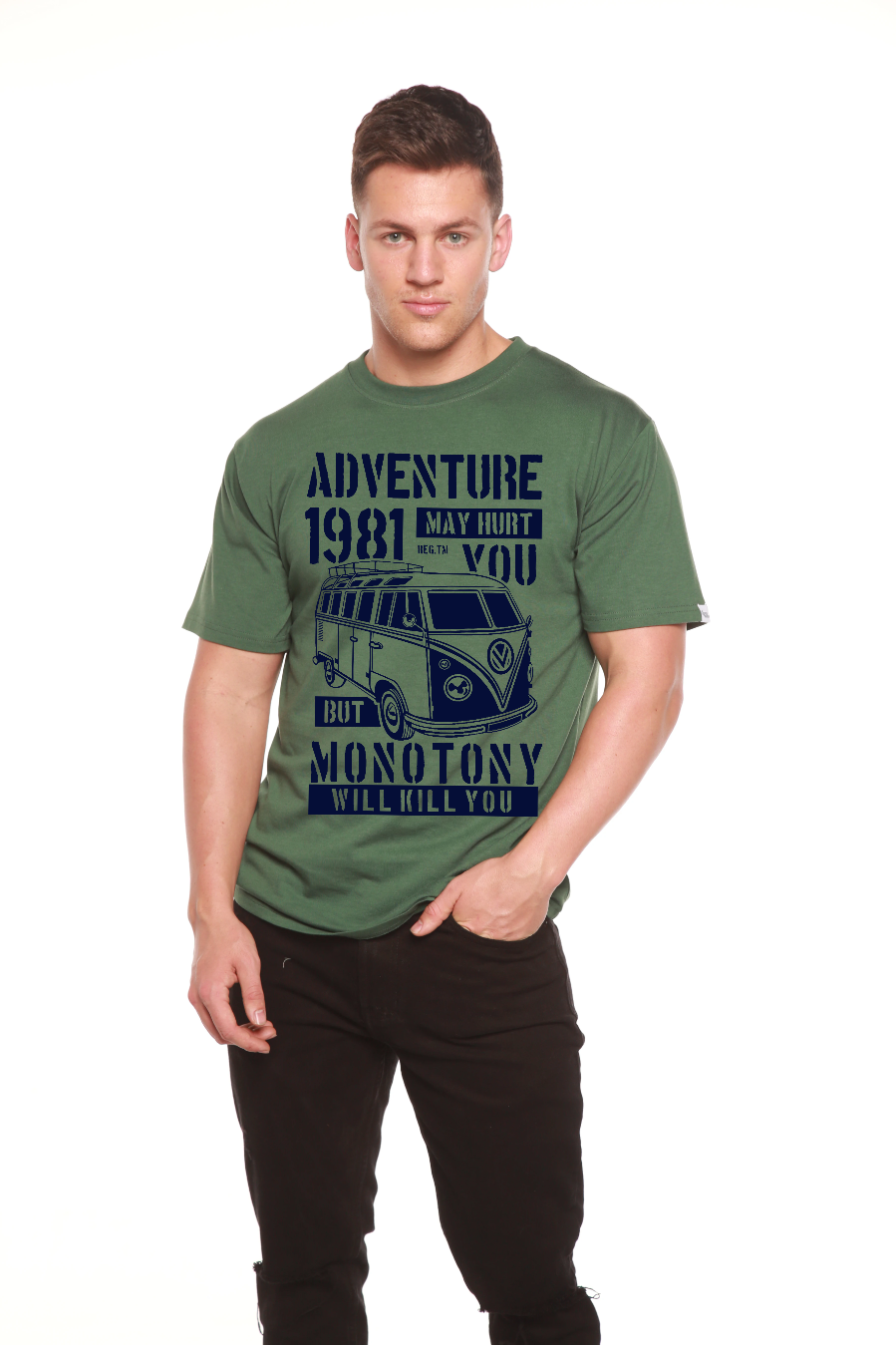 Camiseta gráfica de manga corta de viscosa de bambú/algodón orgánico para hombre Adventure 1981