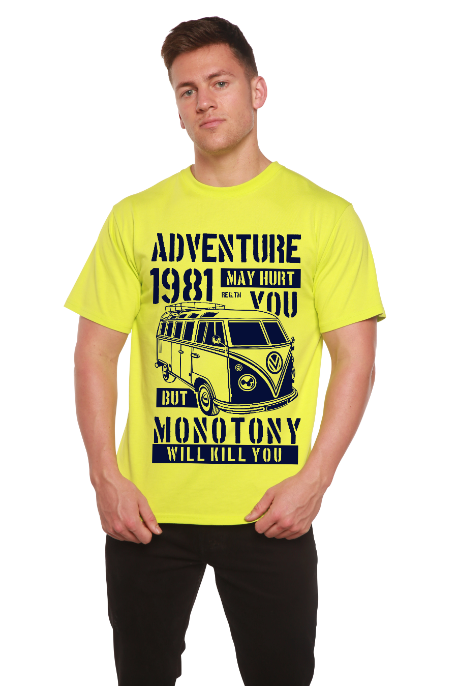 Camiseta gráfica de manga corta de viscosa de bambú/algodón orgánico para hombre Adventure 1981
