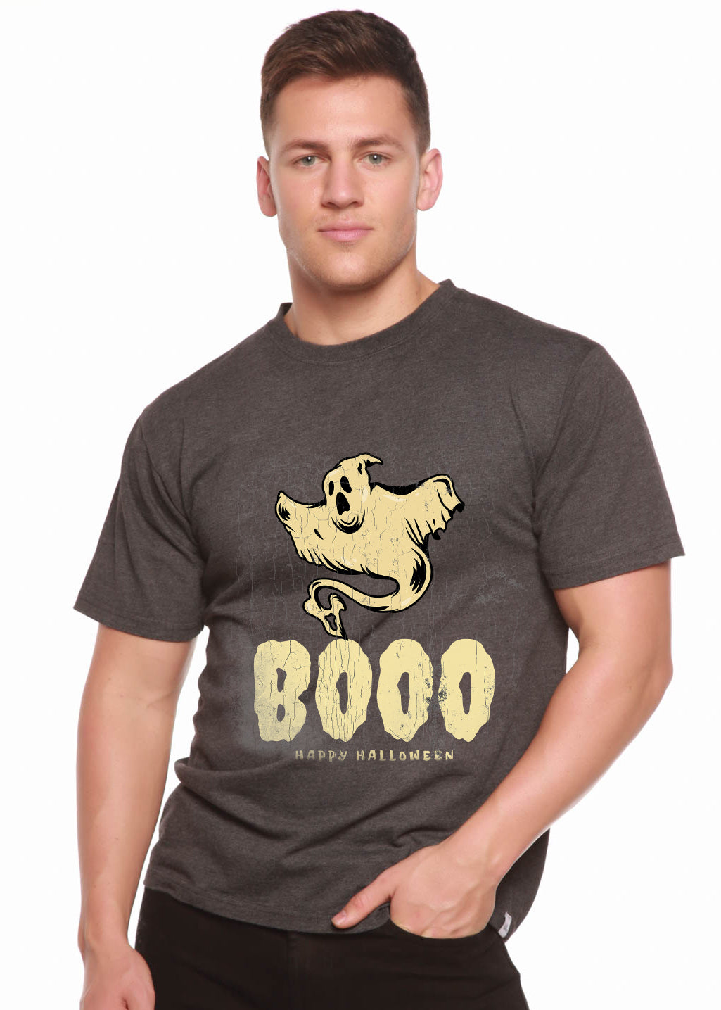 Camiseta de manga corta de bambú/algodón orgánico para hombre con estampado de Feliz Halloween