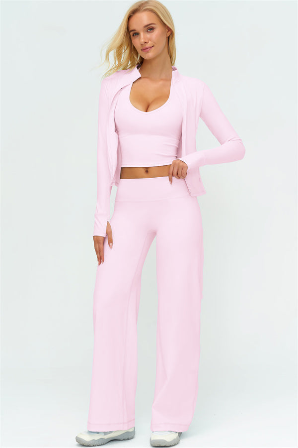 El conjunto de 3 piezas de chaqueta Twirl con cremallera, top halter y pantalones rectos nuevos