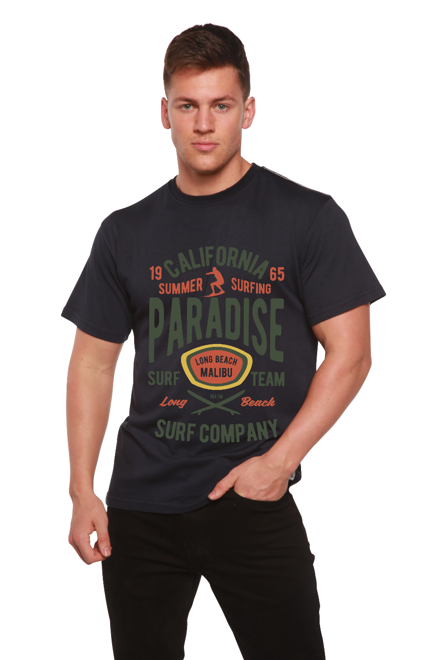Camiseta gráfica de manga corta de viscosa de bambú/algodón orgánico para hombre California Summer Surfing