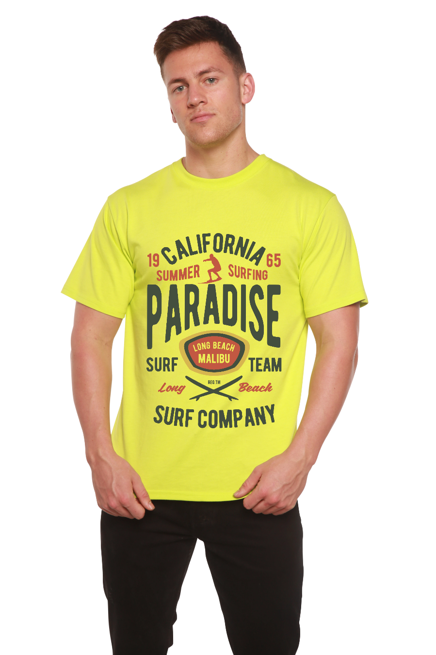Camiseta gráfica de manga corta de viscosa de bambú/algodón orgánico para hombre California Summer Surfing