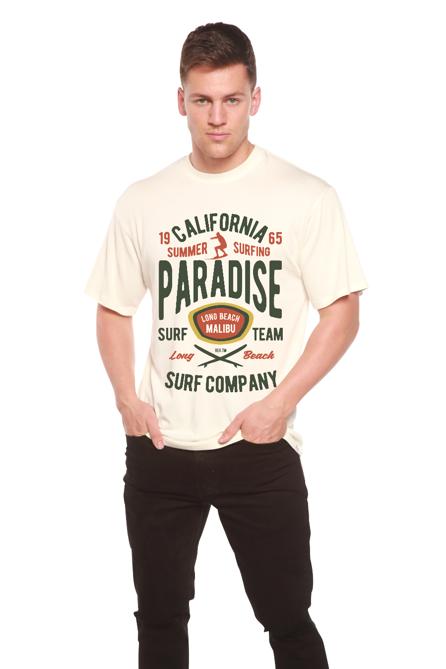 Camiseta gráfica de manga corta de viscosa de bambú/algodón orgánico para hombre California Summer Surfing