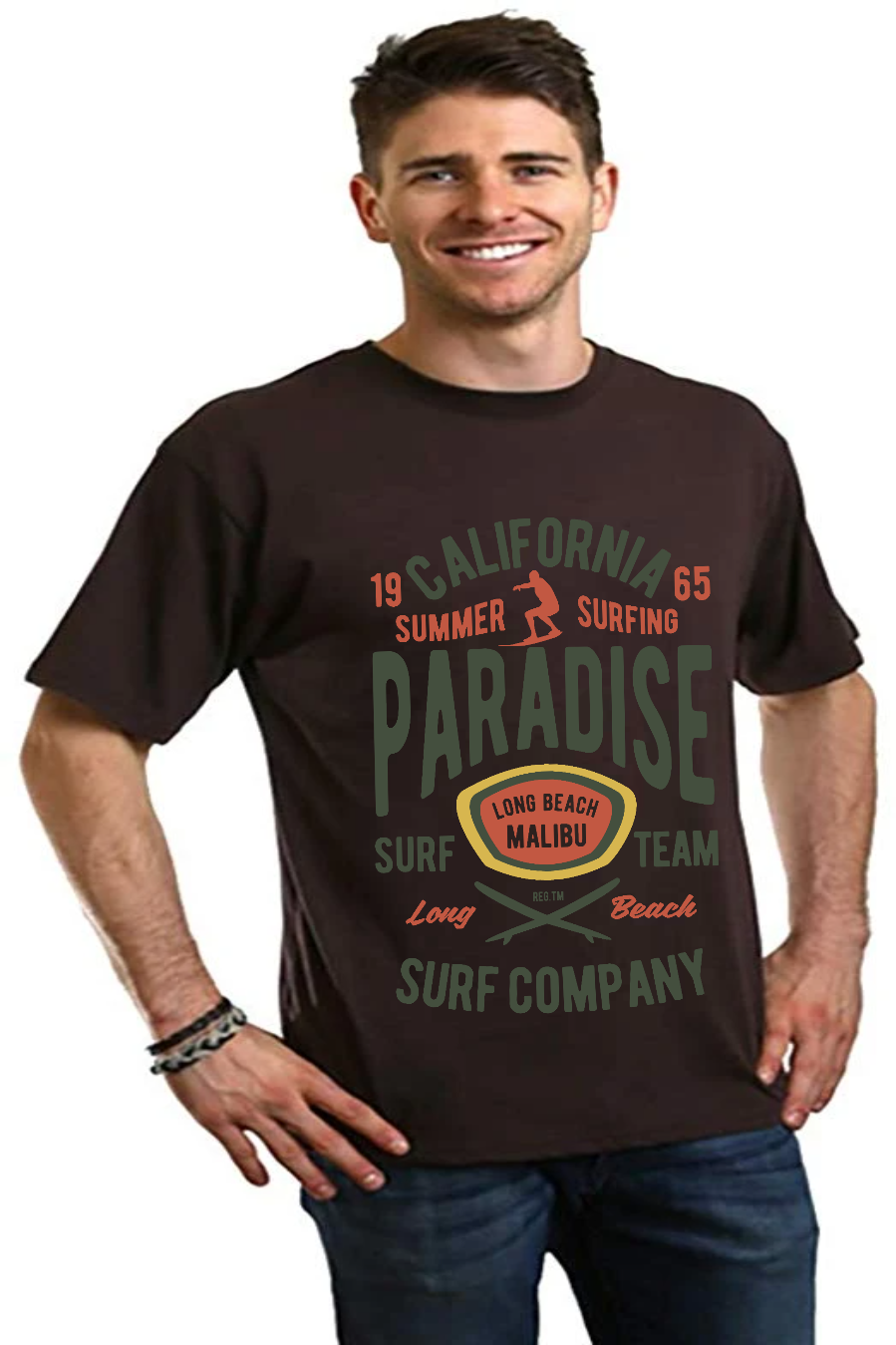 Camiseta gráfica de manga corta de viscosa de bambú/algodón orgánico para hombre California Summer Surfing