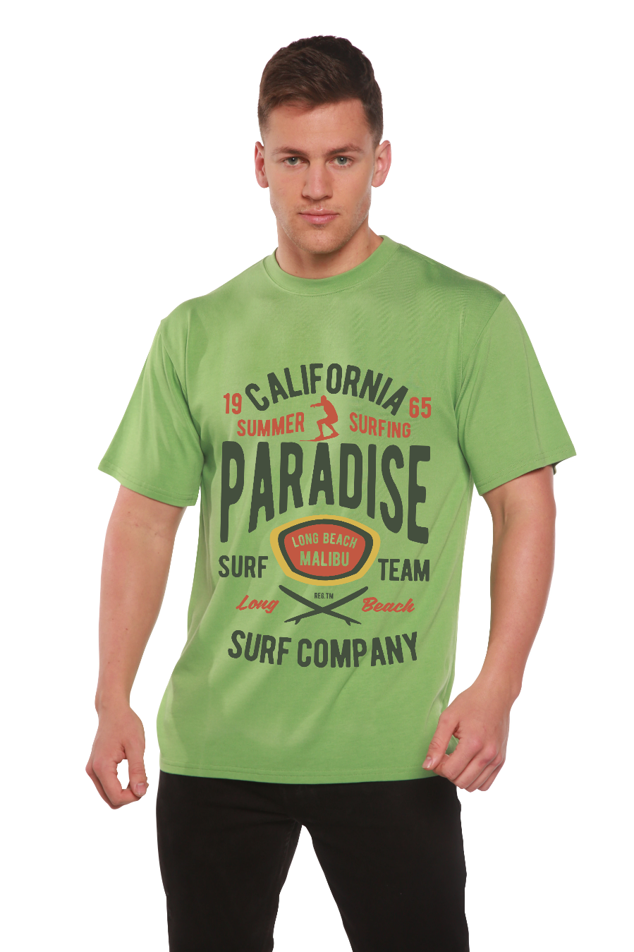Camiseta gráfica de manga corta de viscosa de bambú/algodón orgánico para hombre California Summer Surfing