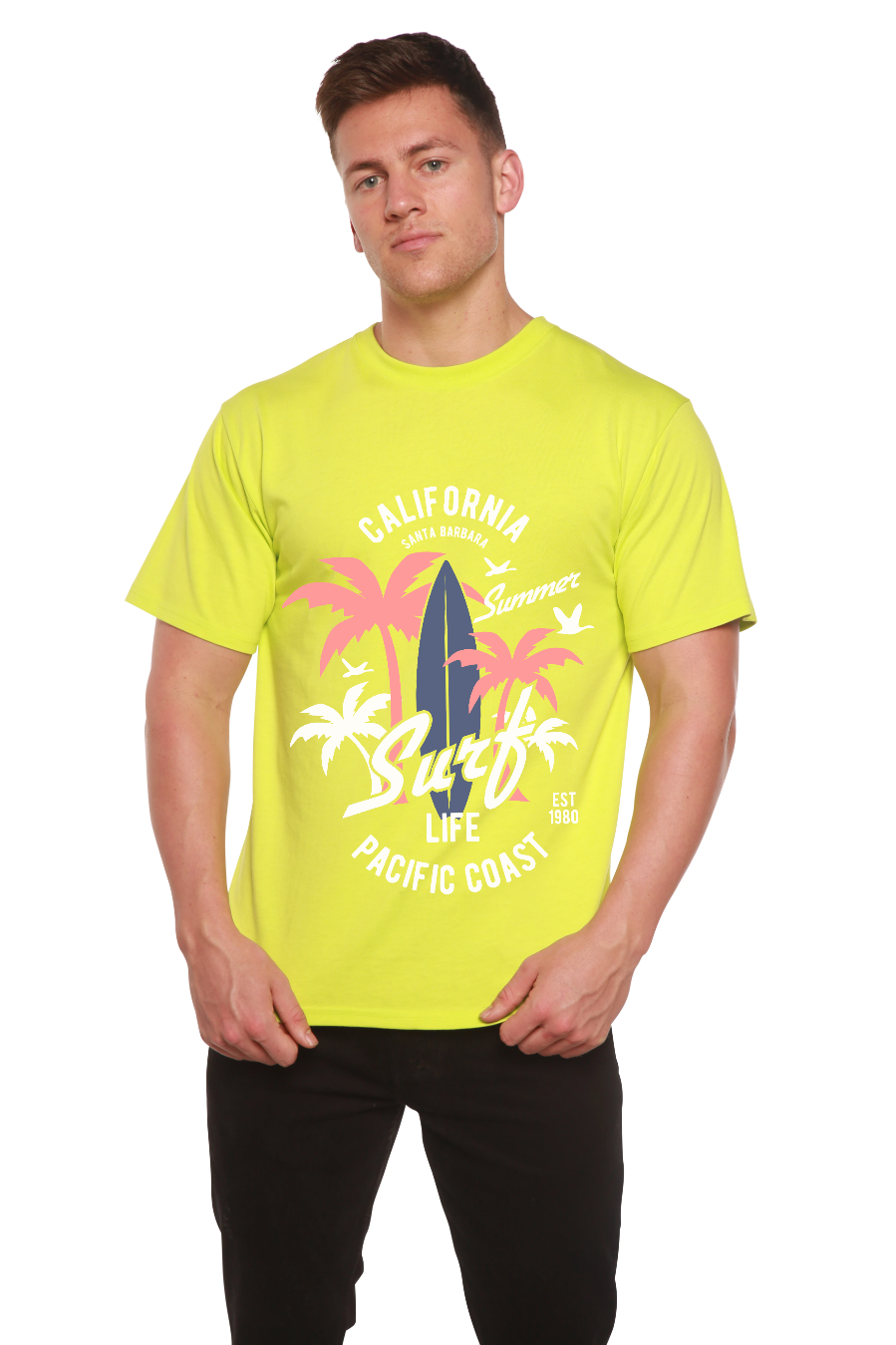 Camiseta gráfica de manga corta California Surf para hombre de bambú viscosa/algodón orgánico