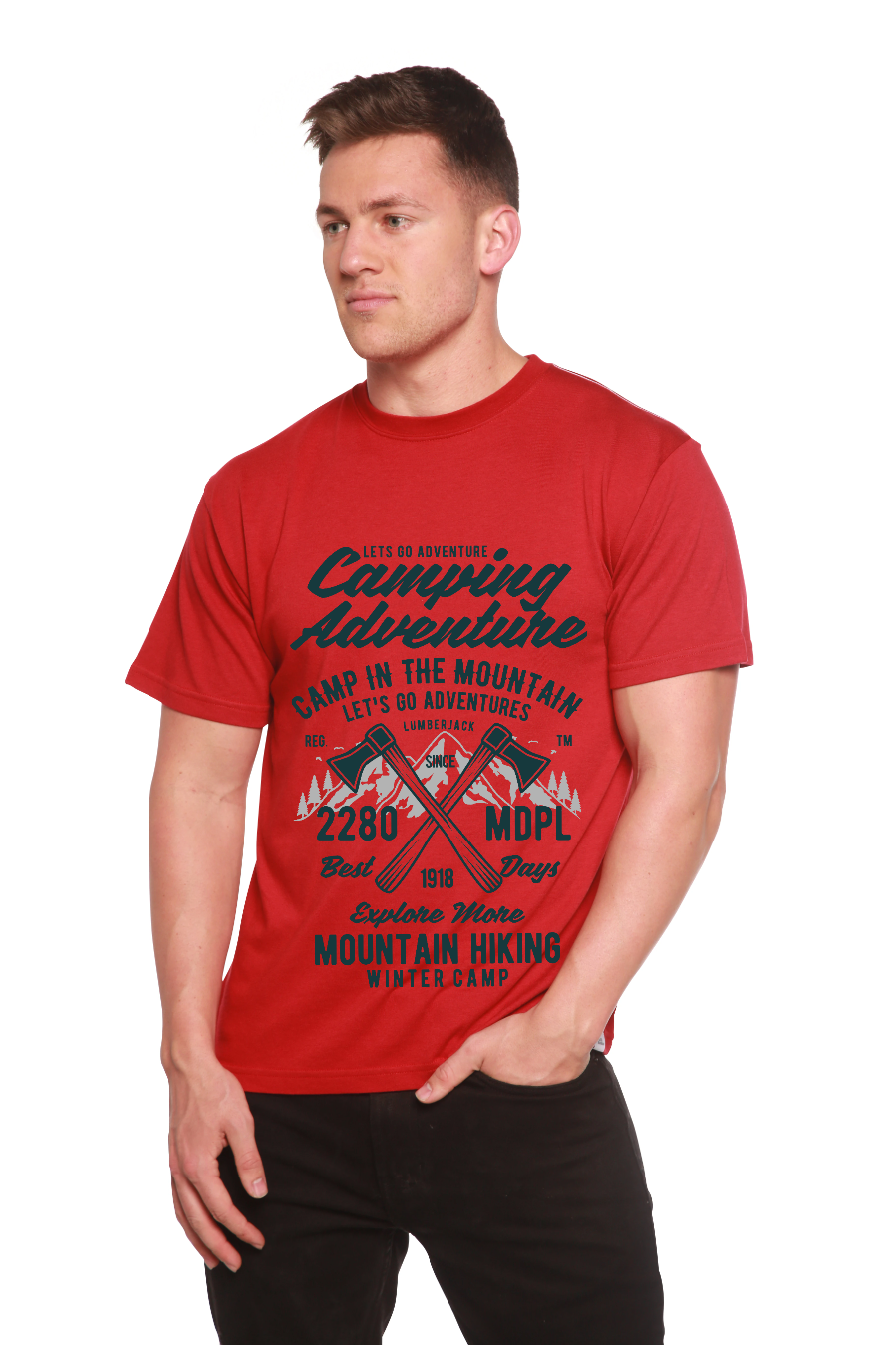 Camiseta de manga corta con gráfico de aventura de camping para hombre, viscosa de bambú/algodón orgánico