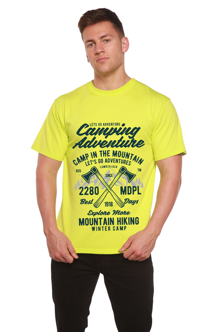 Camiseta de manga corta con gráfico de aventura de camping para hombre, viscosa de bambú/algodón orgánico