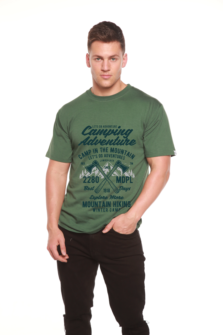 Camiseta de manga corta con gráfico de aventura de camping para hombre, viscosa de bambú/algodón orgánico