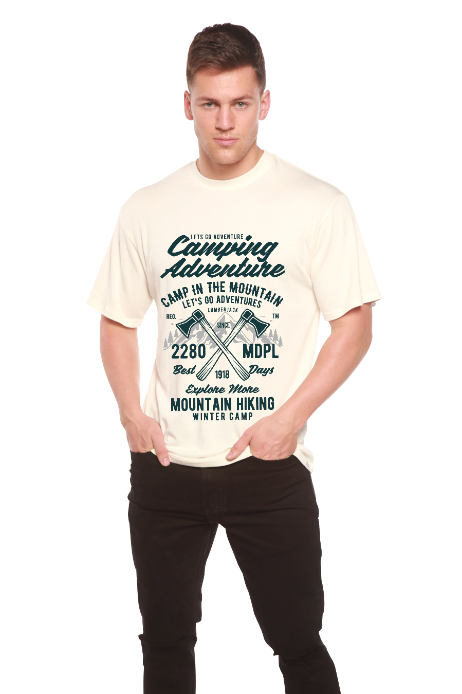 Camiseta de manga corta con gráfico de aventura de camping para hombre, viscosa de bambú/algodón orgánico
