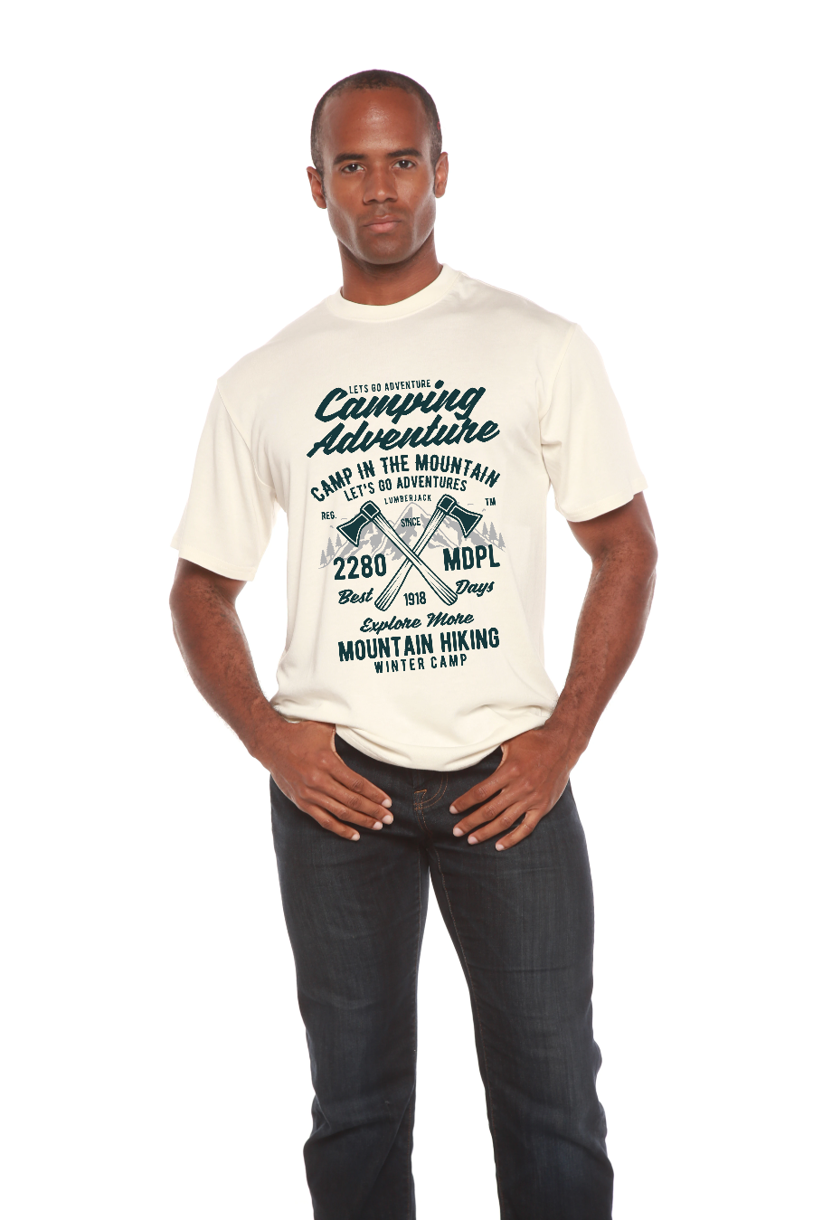 Camiseta de manga corta con gráfico de aventura de camping para hombre, viscosa de bambú/algodón orgánico