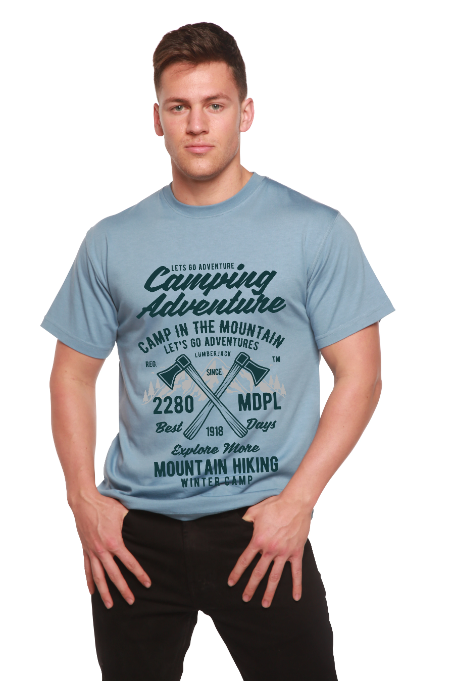 Camiseta de manga corta con gráfico de aventura de camping para hombre, viscosa de bambú/algodón orgánico