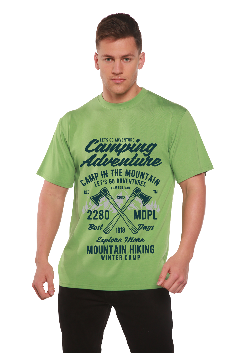 Camiseta de manga corta con gráfico de aventura de camping para hombre, viscosa de bambú/algodón orgánico