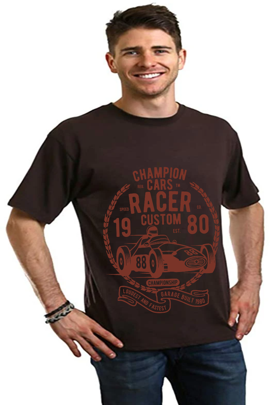 Playera de manga corta con estampado gráfico de bambú viscosa/algodón orgánico Champions Cars para hombre
