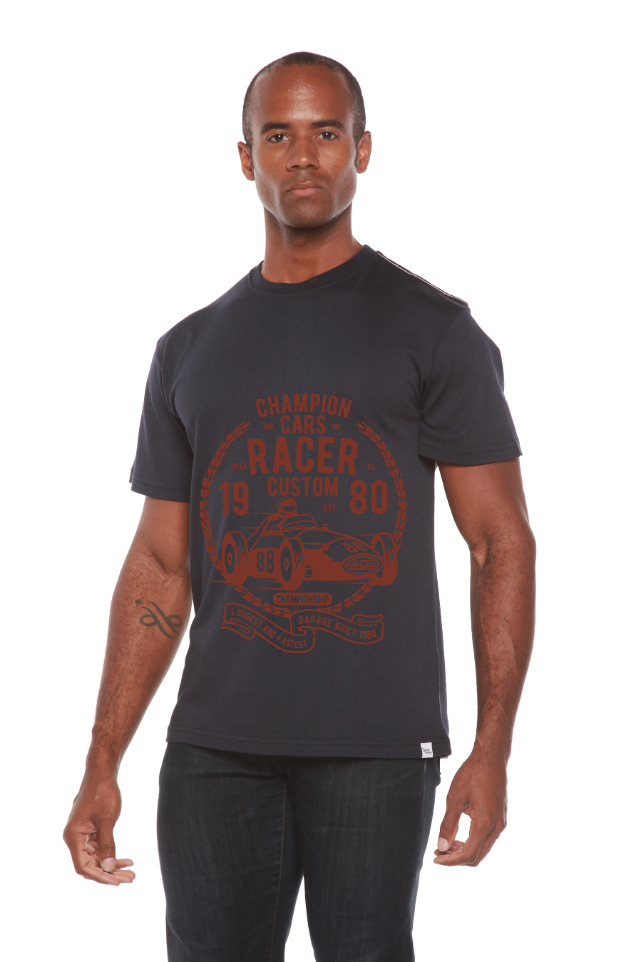 Playera de manga corta con estampado gráfico de bambú viscosa/algodón orgánico Champions Cars para hombre