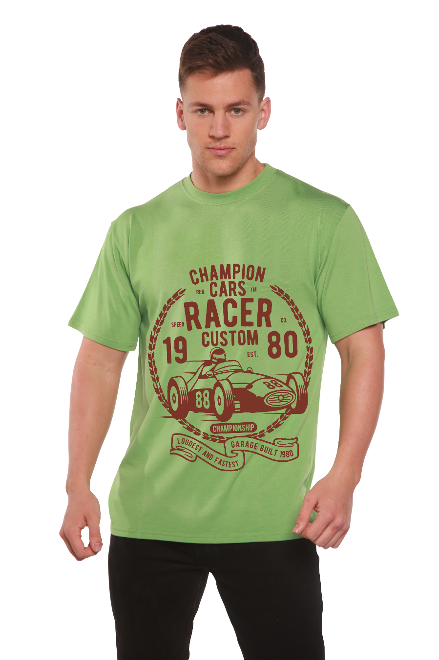 Playera de manga corta con estampado gráfico de bambú viscosa/algodón orgánico Champions Cars para hombre