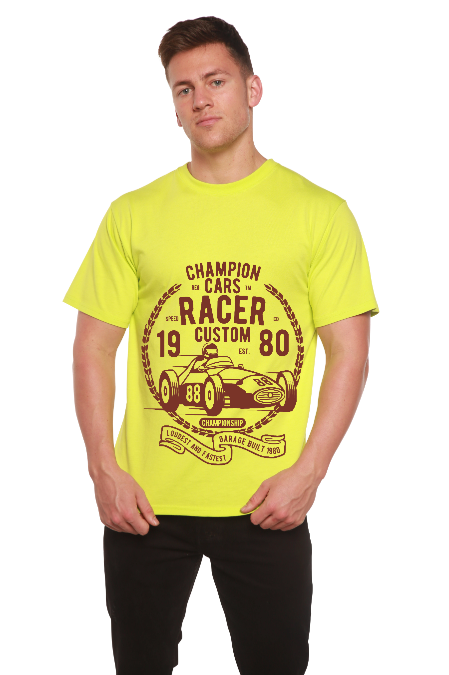 Playera de manga corta con estampado gráfico de bambú viscosa/algodón orgánico Champions Cars para hombre