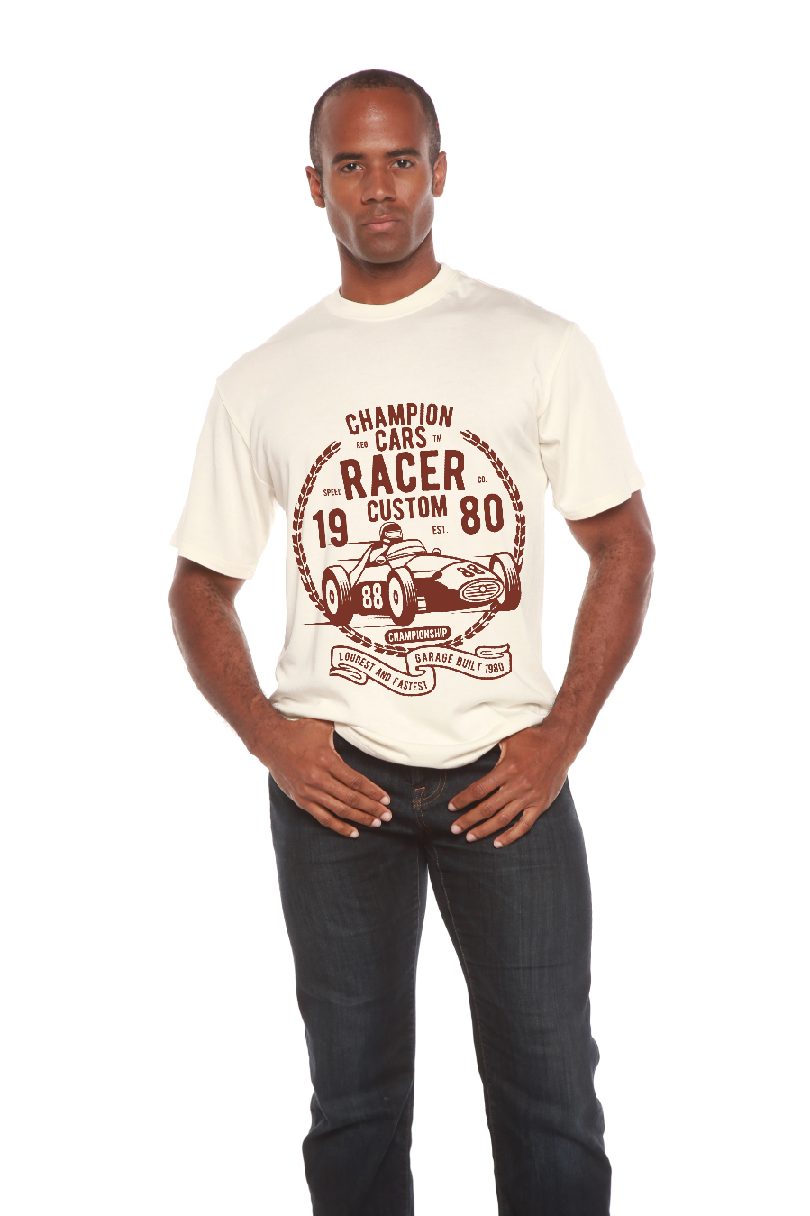 Playera de manga corta con estampado gráfico de bambú viscosa/algodón orgánico Champions Cars para hombre