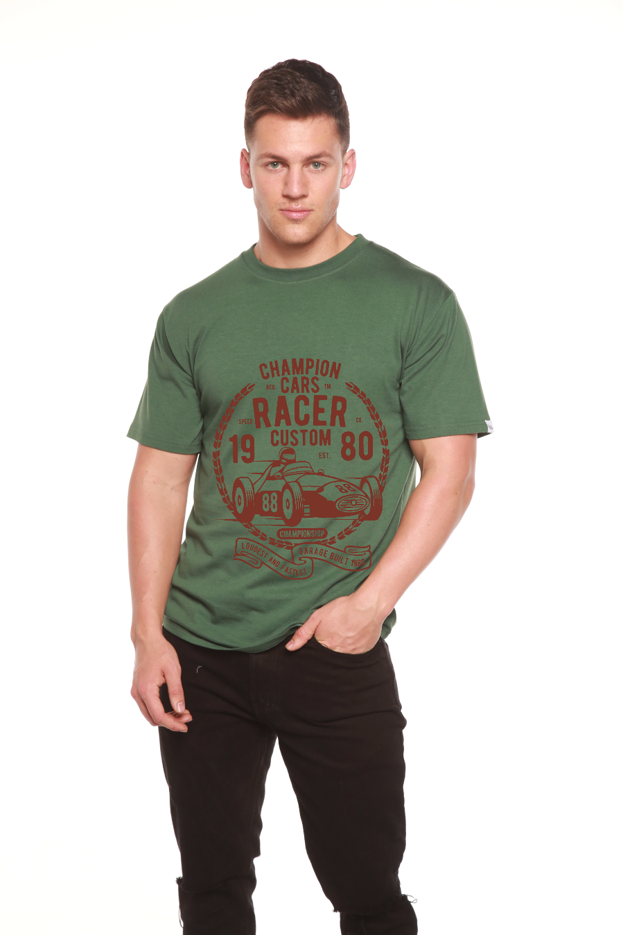 Playera de manga corta con estampado gráfico de bambú viscosa/algodón orgánico Champions Cars para hombre