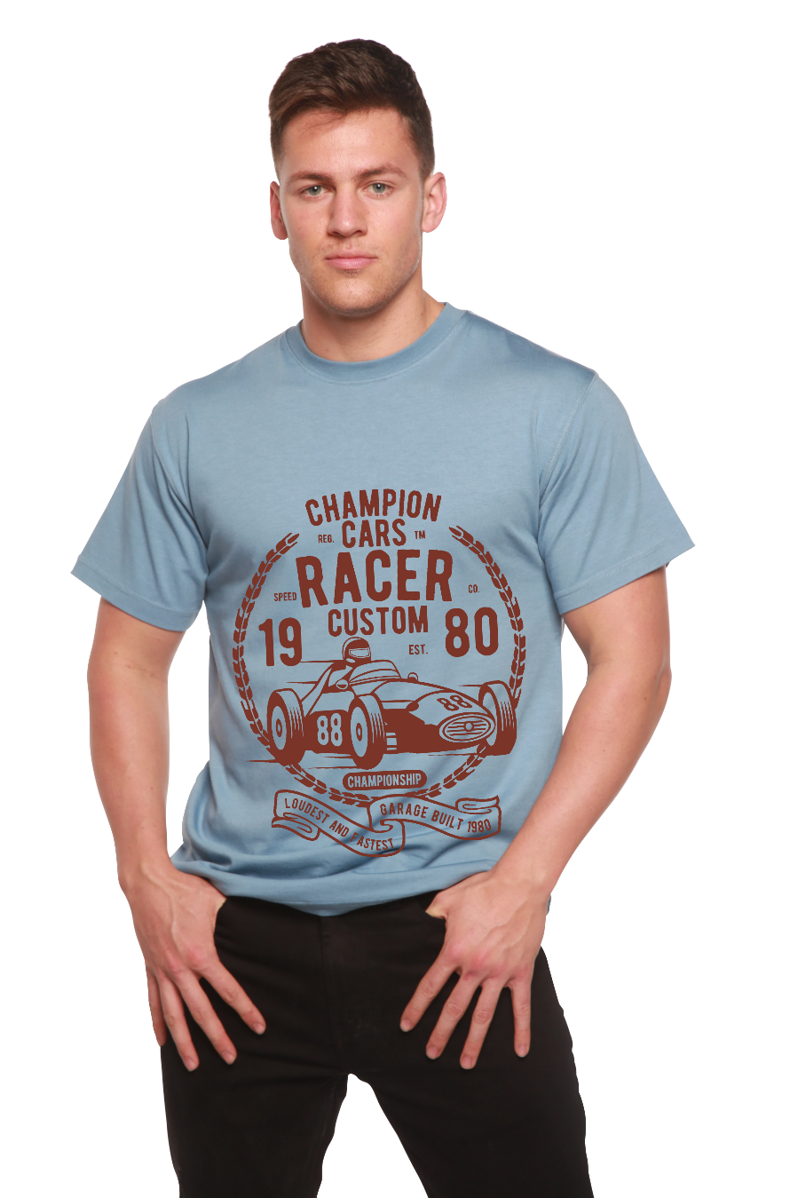 Playera de manga corta con estampado gráfico de bambú viscosa/algodón orgánico Champions Cars para hombre