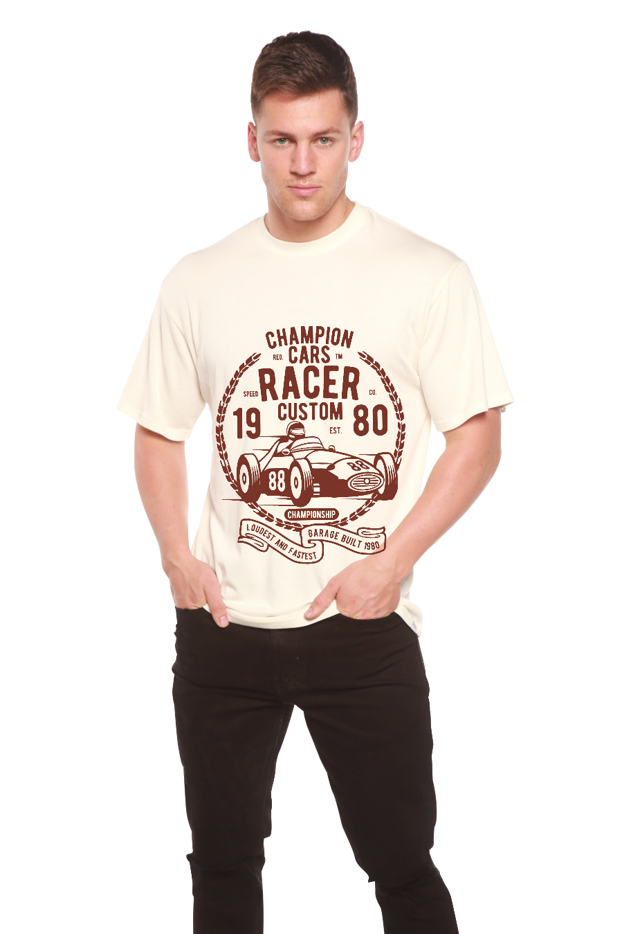 Playera de manga corta con estampado gráfico de bambú viscosa/algodón orgánico Champions Cars para hombre