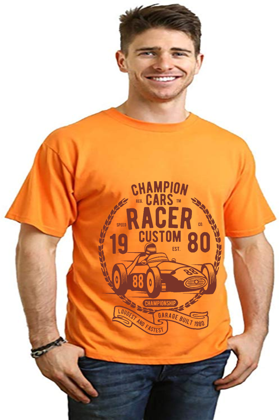 Playera de manga corta con estampado gráfico de bambú viscosa/algodón orgánico Champions Cars para hombre