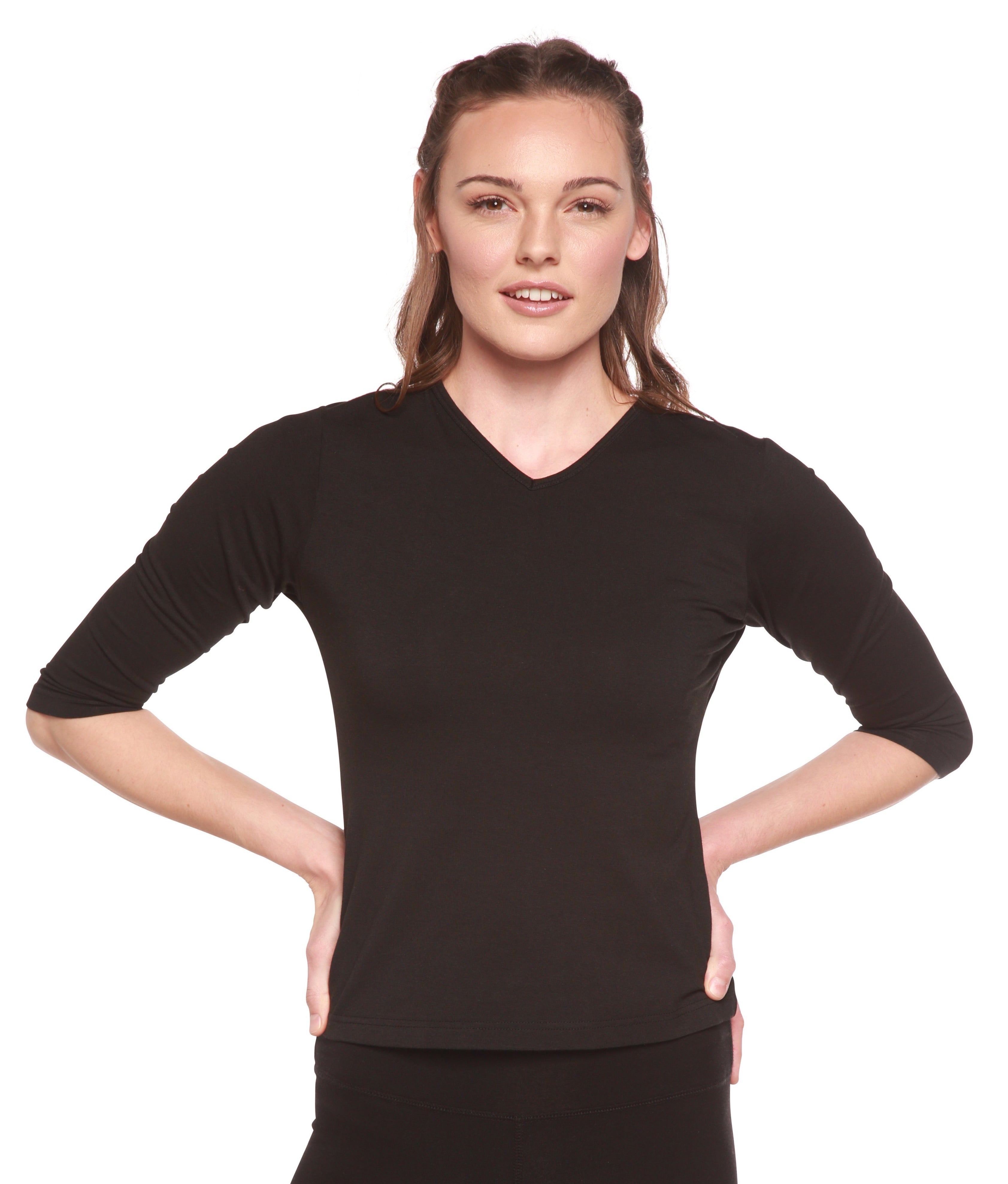 Oferta de Camisetas de Manga 3/4 con Cuello de Pico de Viscosa de Bambú y Algodón para Mujer