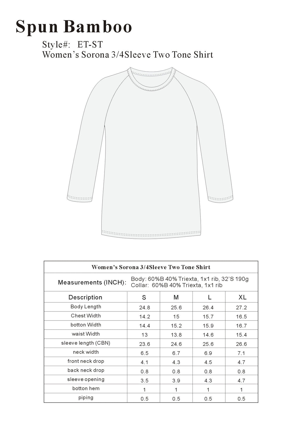 Liquidación camiseta de bambú viscosa/Sorona de manga 3/4 para mujer