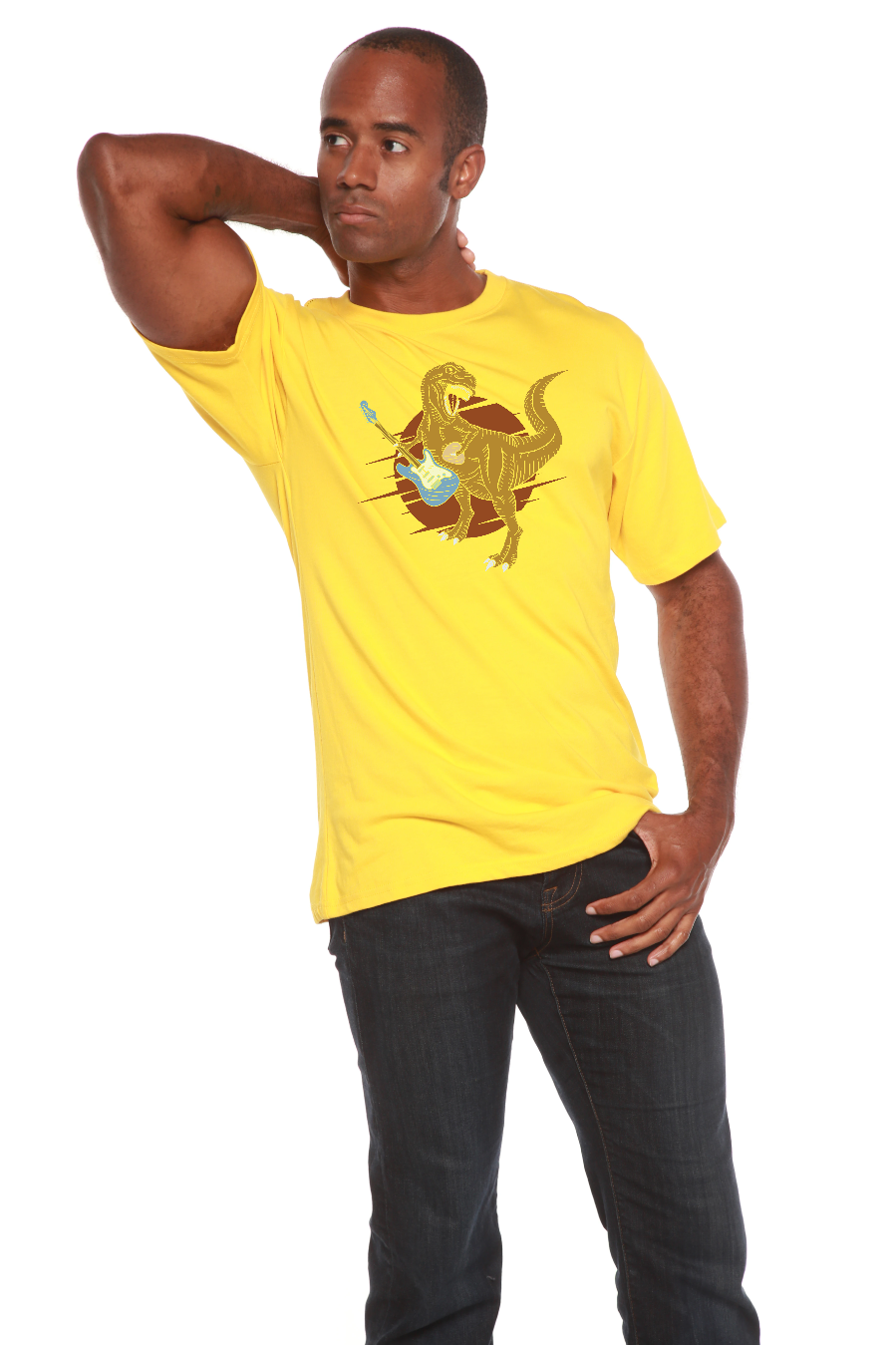 Camiseta gráfica de manga corta de viscosa de bambú/algodón orgánico para hombre con diseño de dinosaurio con guitarra