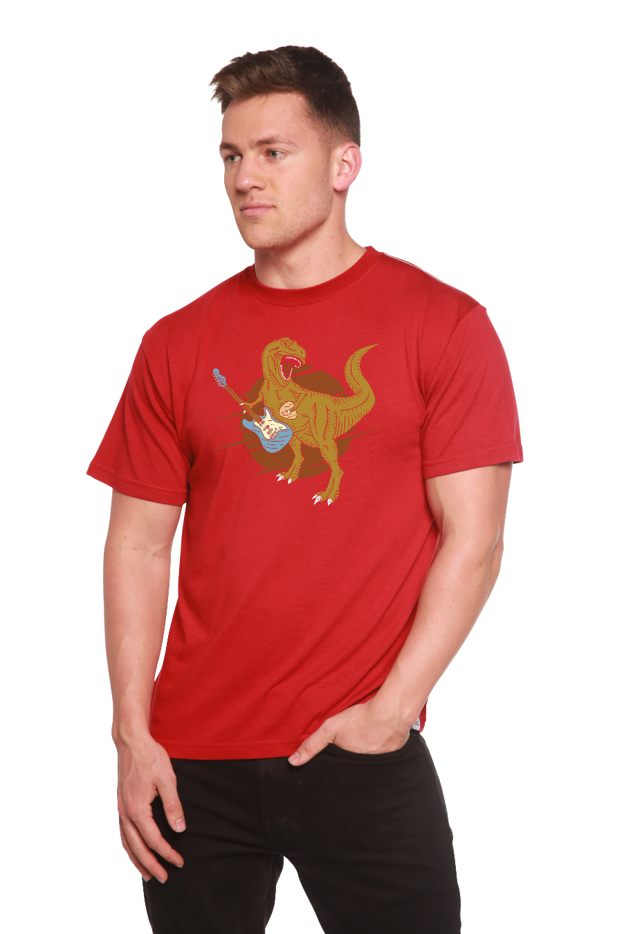 Camiseta gráfica de manga corta de viscosa de bambú/algodón orgánico para hombre con diseño de dinosaurio con guitarra