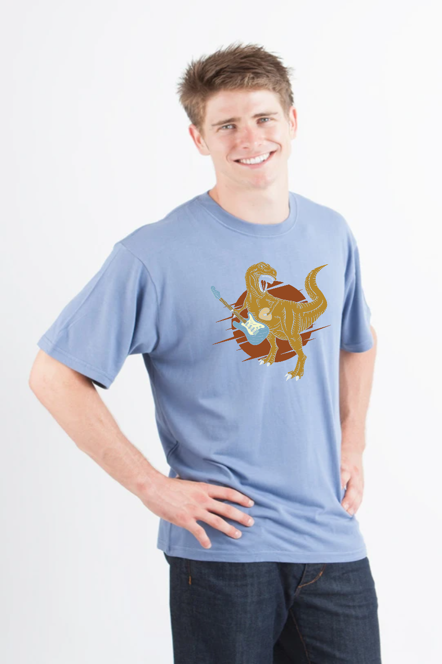 Camiseta gráfica de manga corta de viscosa de bambú/algodón orgánico para hombre con diseño de dinosaurio con guitarra