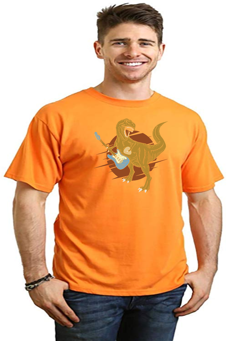 Camiseta gráfica de manga corta de viscosa de bambú/algodón orgánico para hombre con diseño de dinosaurio con guitarra