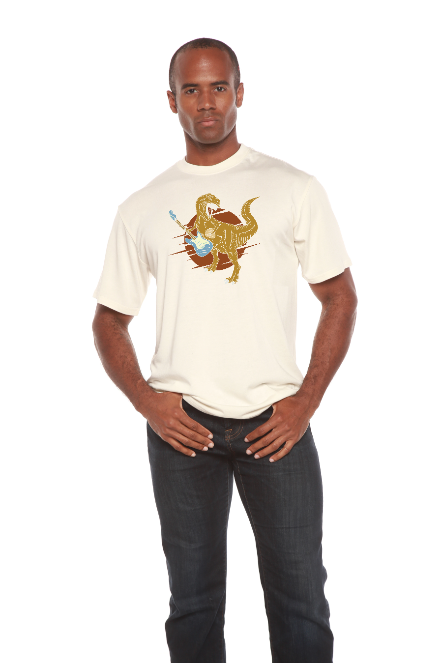 Camiseta gráfica de manga corta de viscosa de bambú/algodón orgánico para hombre con diseño de dinosaurio con guitarra