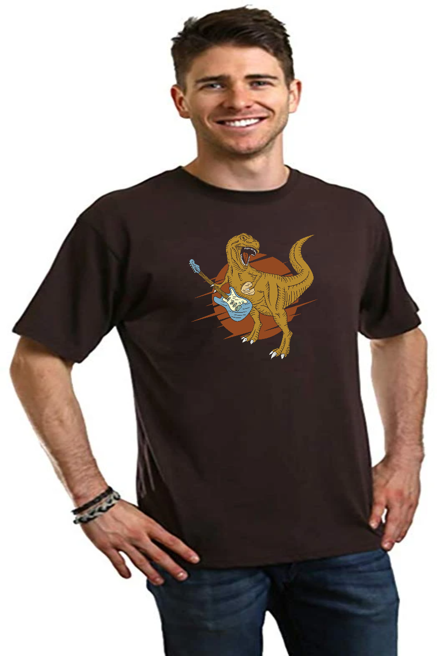 Camiseta gráfica de manga corta de viscosa de bambú/algodón orgánico para hombre con diseño de dinosaurio con guitarra