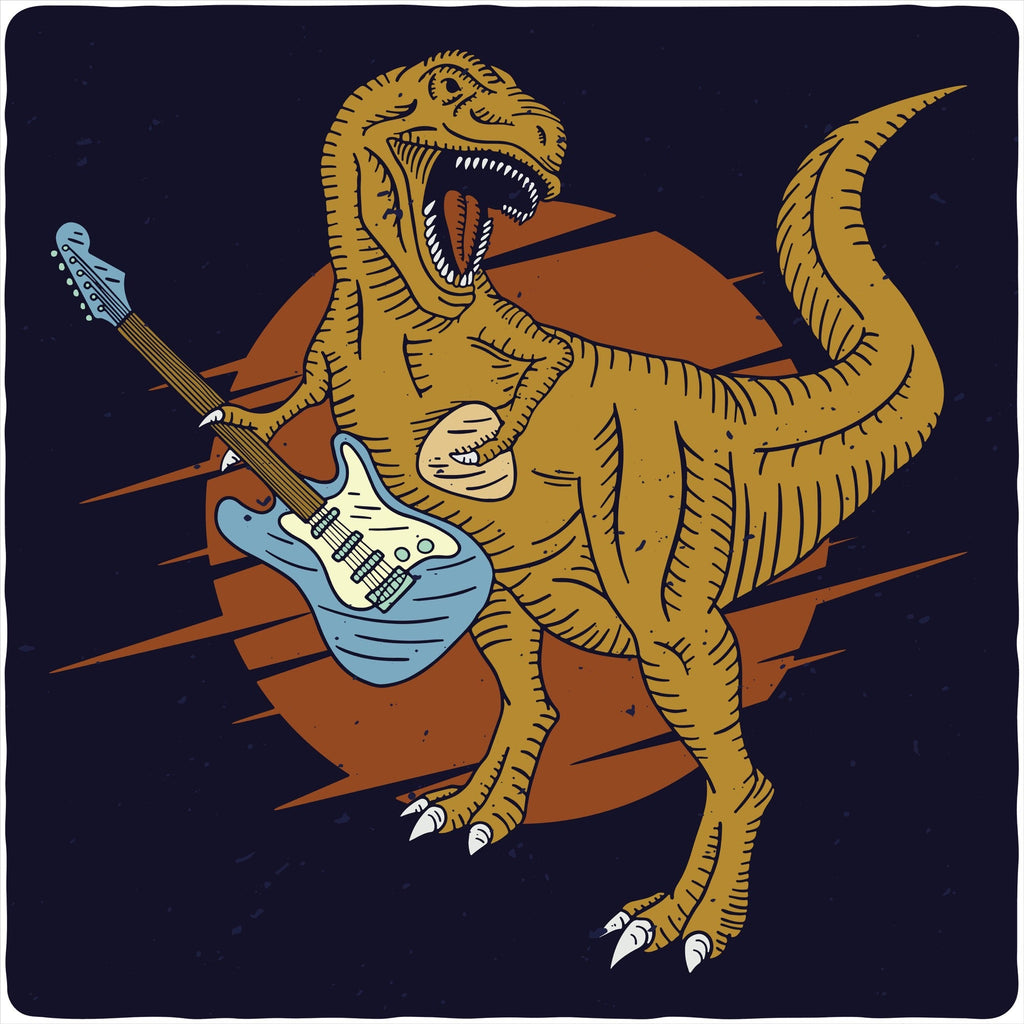 Camiseta gráfica de manga corta de viscosa de bambú/algodón orgánico para hombre con diseño de dinosaurio con guitarra