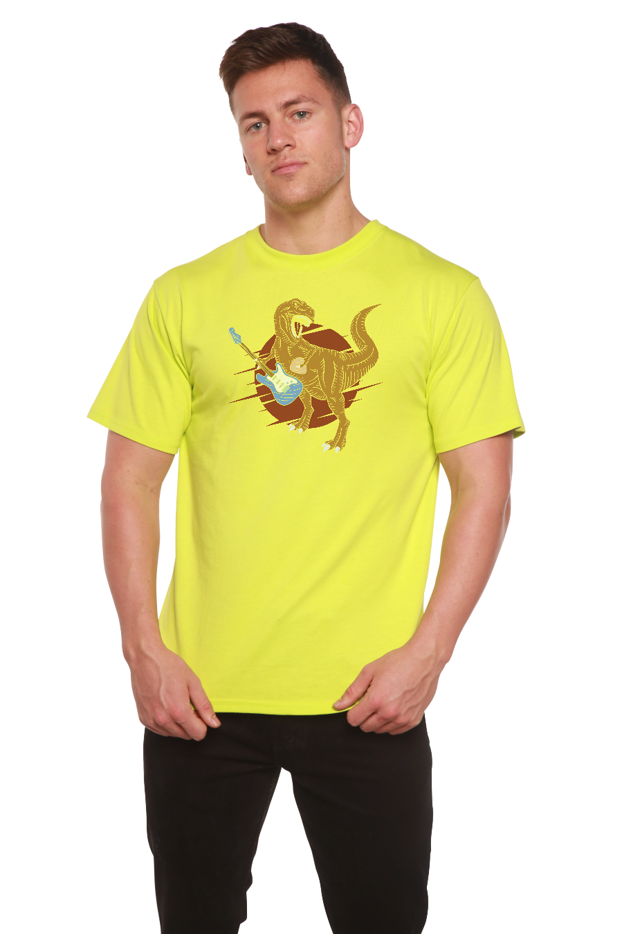 Camiseta gráfica de manga corta de viscosa de bambú/algodón orgánico para hombre con diseño de dinosaurio con guitarra