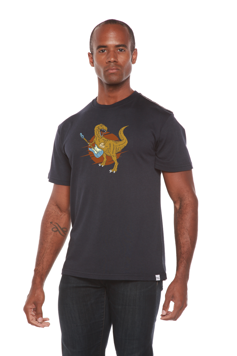 Camiseta gráfica de manga corta de viscosa de bambú/algodón orgánico para hombre con diseño de dinosaurio con guitarra