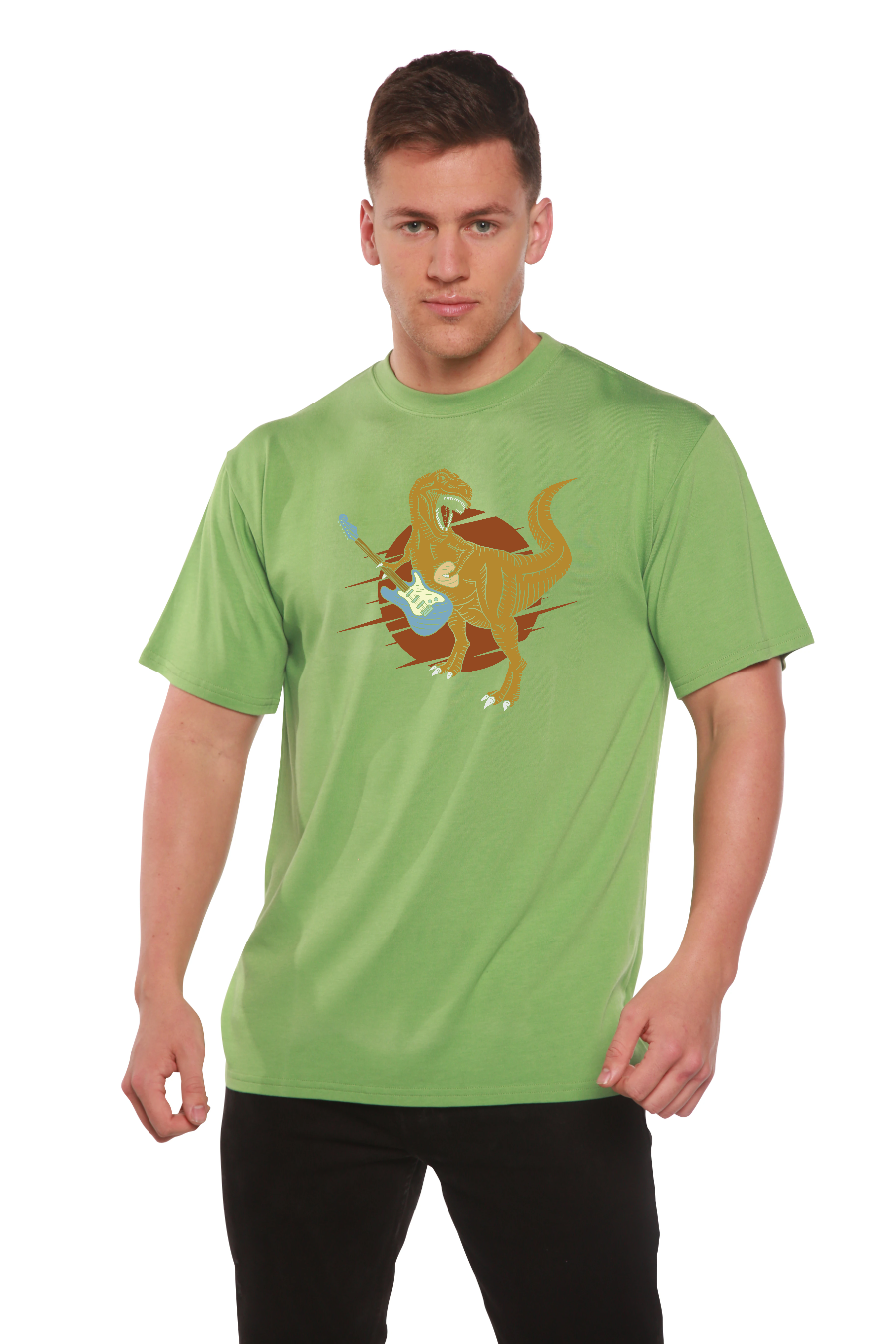 Camiseta gráfica de manga corta de viscosa de bambú/algodón orgánico para hombre con diseño de dinosaurio con guitarra