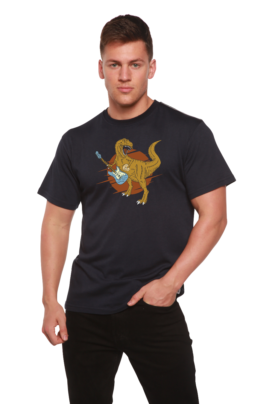 Camiseta gráfica de manga corta de viscosa de bambú/algodón orgánico para hombre con diseño de dinosaurio con guitarra