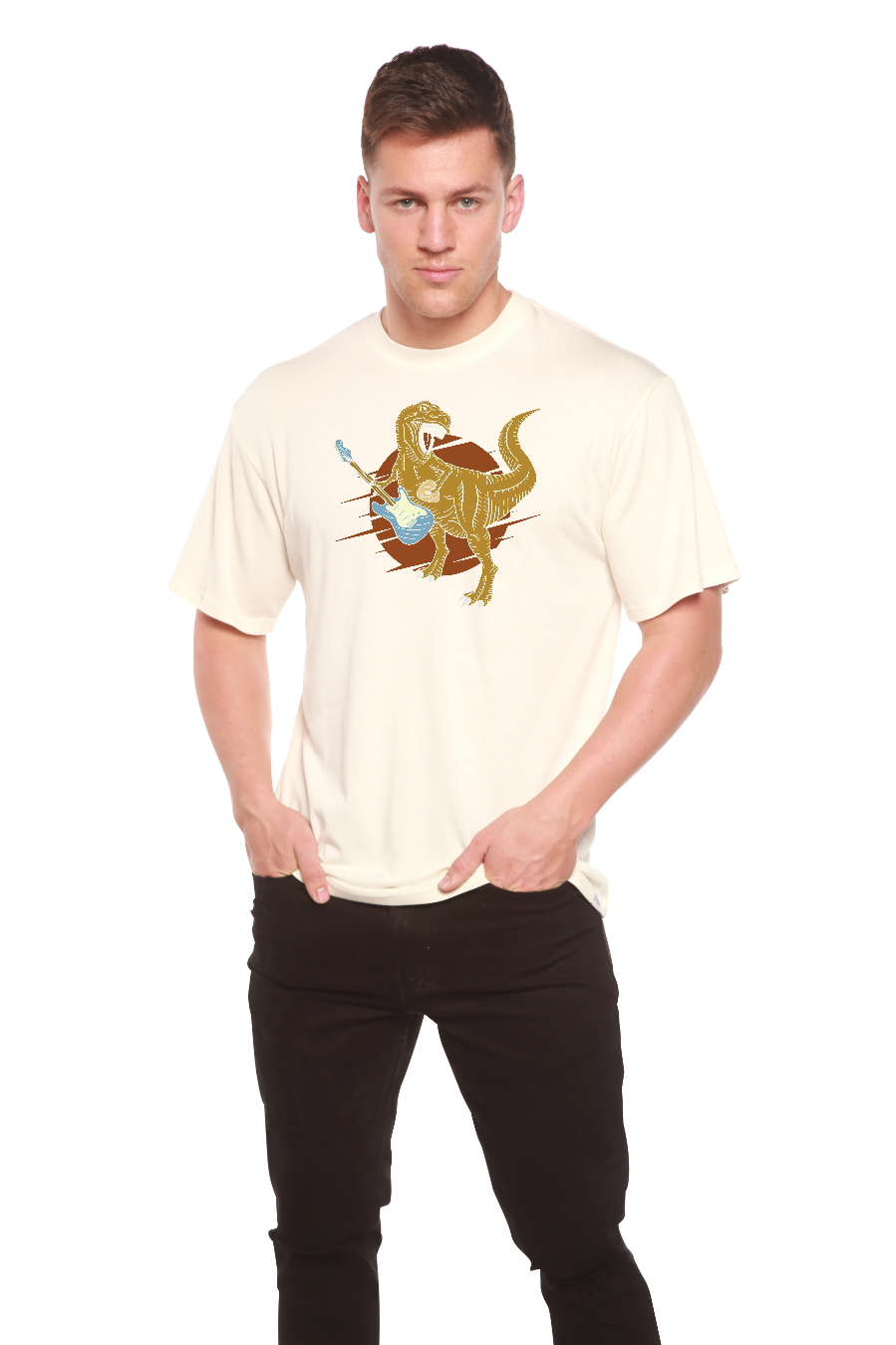 Camiseta gráfica de manga corta de viscosa de bambú/algodón orgánico para hombre con diseño de dinosaurio con guitarra
