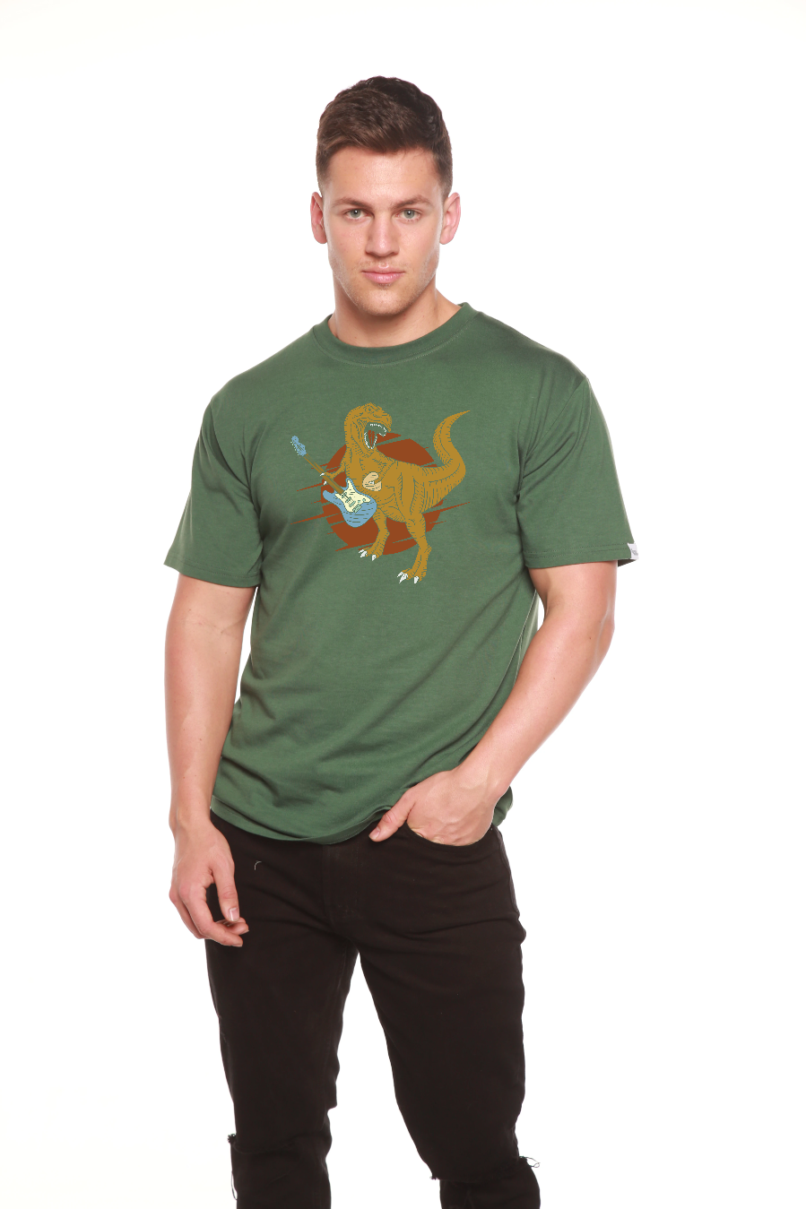 Camiseta gráfica de manga corta de viscosa de bambú/algodón orgánico para hombre con diseño de dinosaurio con guitarra