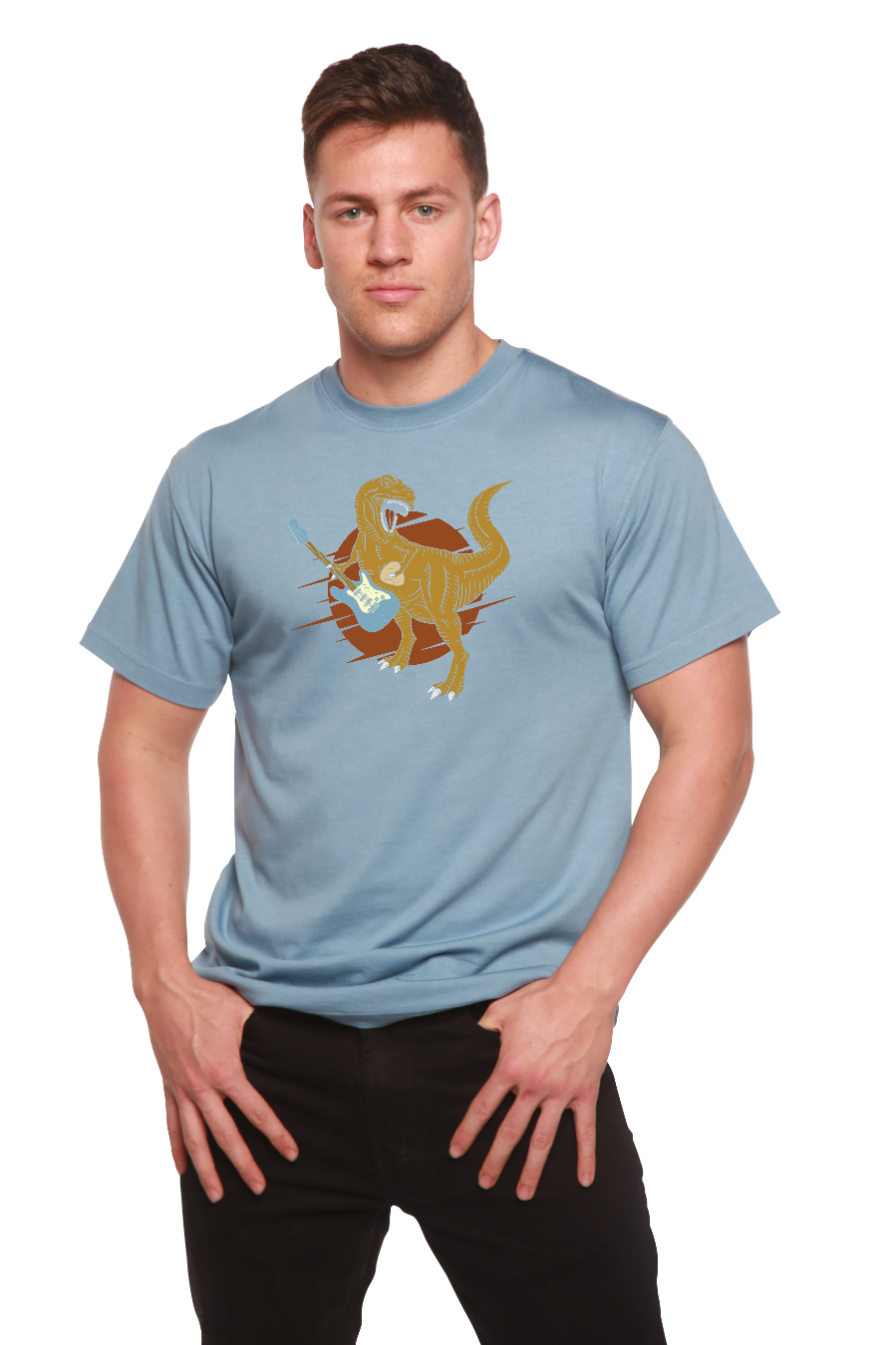 Camiseta gráfica de manga corta de viscosa de bambú/algodón orgánico para hombre con diseño de dinosaurio con guitarra