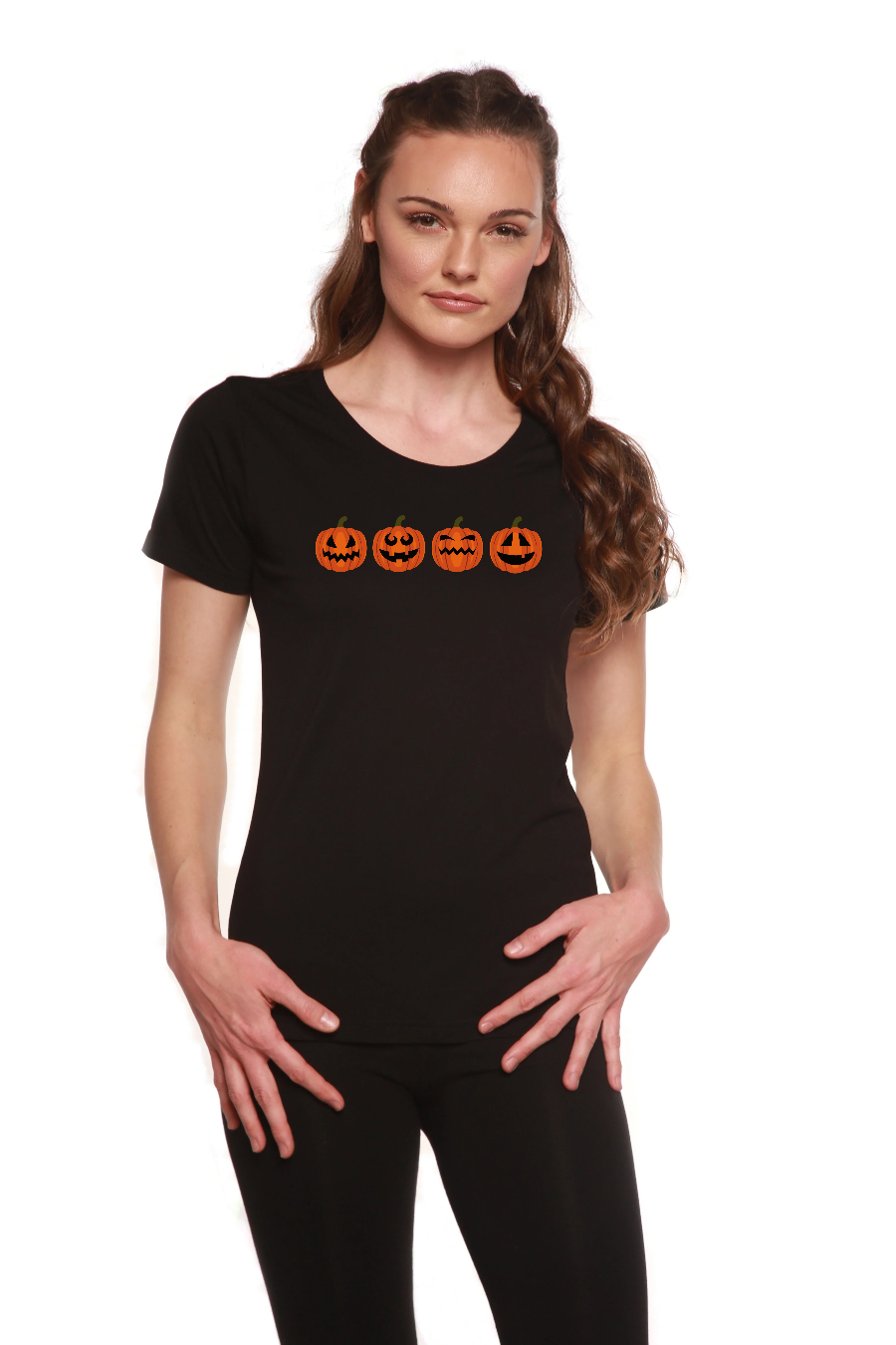 Camiseta estampada de manga corta y cuello redondo de bambú/algodón para mujer con calabazas de Halloween