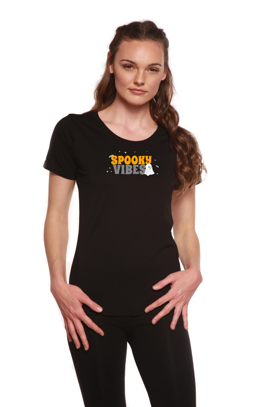 Camiseta estampada de manga corta con cuello redondo de bambú/algodón para mujer Spooky Vibes