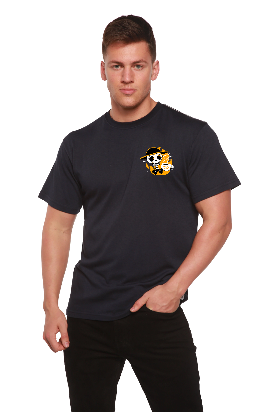 Camiseta de Manga Corta Estampada de Viscosa de Bambú/Algodón Orgánico con Calavera y Café